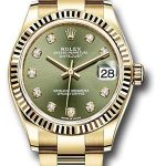 Rolex Yellow Gold Datejust 31 Watch – Fluted Bezel – Olive Green Diamond Dial – Oyster Bracelet – 278278