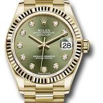 Rolex Yellow Gold Datejust 31 Watch – Fluted Bezel – Olive Green Diamond Dial – President Bracelet – 278278