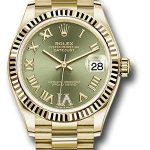 Rolex Yellow Gold Datejust 31 Watch – Fluted Bezel – Olive Green Diamond Six Dial – President Bracelet – 278278 ogdr6p
