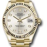Rolex Yellow Gold Datejust 31 Watch – Fluted Bezel – Silver Diamond Dial – President Bracelet – 278278