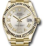 Rolex Yellow Gold Datejust 31 Watch – Fluted Bezel – Silver Diamond Six Dial – President Bracelet – 278278 sdr6p