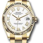 Rolex Yellow Gold Datejust 31 Watch – Fluted Bezel – White Roman Dial – Oyster Bracelet – 278278