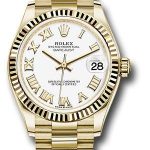 Rolex Yellow Gold Datejust 31 Watch – Fluted Bezel – White Roman Dial – President Bracelet – 278278