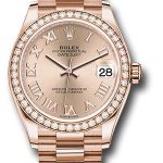Rolex Everose Gold Datejust 31 Watch – Diamond Bezel – Rose Roman Dial – President Bracelet – 278285RBR