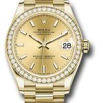 Rolex Yellow Gold Datejust 31 Watch – Diamond Bezel – Champagne Index Dial – President Bracelet – 278288RBR