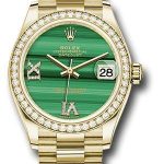 Rolex Yellow Gold Datejust 31 Watch – Diamond Bezel – Malachite Diamond Six and Nine Dial – President Bracelet – 278288RBR madr69p
