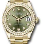 Rolex Yellow Gold Datejust 31 Watch – Diamond Bezel – Olive Green Diamond Dial – President Bracelet – 278288RBR