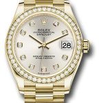 Rolex Yellow Gold Datejust 31 Watch – Diamond Bezel – Silver Diamond Dial – President Bracelet – 278288RBR