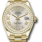 Rolex Yellow Gold Datejust 31 Watch – Diamond Bezel – Silver Diamond Six Dial – President Bracelet – 278288RBR sdr6p