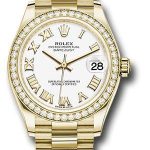 Rolex Yellow Gold Datejust 31 Watch – Diamond Bezel – White Roman Dial – President Bracelet – 278288RBR