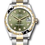 Rolex Steel and Yellow Gold Datejust 31 Watch – Domed Diamond Bezel – Olive Green Diamond Dial – Oyster Bracelet – 278343