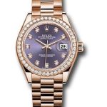 Rolex Everose Gold Lady-Datejust 28 Watch – 44 Diamond Bezel – Aubergine Diamond Dial – President Bracelet – 279135RBR