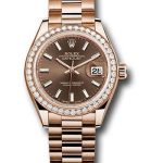 Rolex Everose Gold Lady-Datejust 28 Watch – 44 Diamond Bezel – Chocolate Index Dial – President Bracelet – 279135RBR choip