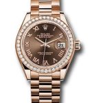 Rolex Everose Gold Lady-Datejust 28 Watch – 44 Diamond Bezel – Chocolate Roman Dial – President Bracelet – 279135RBR chorp