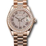 Rolex Everose Gold Lady-Datejust 28 Watch – 44 Diamond Bezel – Sundust Roman Dial – President Bracelet – 279135RBR