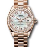 Rolex Everose Gold Lady-Datejust 28 Watch – 44 Diamond Bezel – Mother-of-Pearl Diamond Dial – President Bracelet – 279135RBR