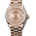 Rolex Everose Gold Lady-Datejust 28 Watch – 44 Diamond Bezel – Pink Sundust Index Dial – President Bracelet – 279135RBR