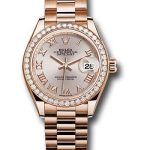 Rolex Everose Gold Lady-Datejust 28 Watch – 44 Diamond Bezel – Sundust Roman Dial – President Bracelet – 279135RBR