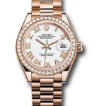 Rolex Everose Gold Lady-Datejust 28 Watch – 44 Diamond Bezel – White Roman Dial – President Bracelet – 279135RBR