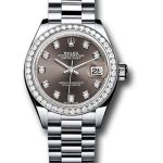Rolex Platinum Lady-Datejust 28 Watch – 44 Diamond Bezel – Dark Grey Diamond Dial – President Bracelet – 279136RBR dkgdp
