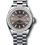 Rolex Platinum Lady-Datejust 28 Watch – 44 Diamond Bezel – Dark Grey Index Dial – President Bracelet – 279136RBR dkgip