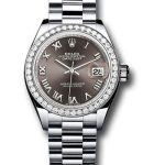 Rolex Platinum Lady-Datejust 28 Watch – 44 Diamond Bezel – Dark Grey Roman Dial – President Bracelet – 279136RBR dkgrp