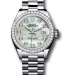 Rolex Platinum Lady-Datejust 28 Watch – 44 Diamond Bezel – Mother-of-Pearl Diamond Dial – President Bracelet – 279136RBR