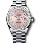 Rolex Platinum Lady-Datejust 28 Watch – 44 Diamond Bezel – Pink Diamond Dial – President Bracelet – 279136RBR