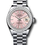 Rolex Platinum Lady-Datejust 28 Watch – 44 Diamond Bezel – Pink Index Dial – President Bracelet – 279136RBR