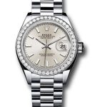 Rolex Platinum Lady-Datejust 28 Watch – 44 Diamond Bezel – Silver Index Dial – President Bracelet – 279136RBR