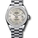 Rolex Platinum Lady-Datejust 28 Watch – 44 Diamond Bezel – Silver Roman Dial – President Bracelet – 279136RBR