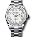 Rolex Platinum Lady-Datejust 28 Watch – 44 Diamond Bezel – White Roman Dial – President Bracelet – 279136RBR