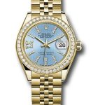 Rolex Yellow Gold Lady-Datejust 28 Watch – 44 Diamond Bezel – Cornflower Blue Stripe Diamond Index Dial – Jubilee Bracelet – 279138RBR cbls36dix8dj