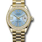 Rolex Yellow Gold Lady-Datejust 28 Watch – 44 Diamond Bezel – Cornflower Blue Stripe Diamond Index Dial – President Bracelet – 279138RBR cbls36dix8dp