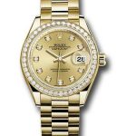 Rolex Yellow Gold Lady-Datejust 28 Watch – 44 Diamond Bezel – Champagne Diamond Dial – President Bracelet – 279138RBR