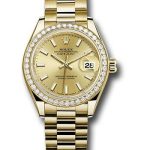 Rolex Yellow Gold Lady-Datejust 28 Watch – 44 Diamond Bezel – Champagne Index Dial – President Bracelet – 279138RBR
