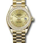 Rolex Yellow Gold Lady-Datejust 28 Watch – 44 Diamond Bezel – Champagne Roman Dial – President Bracelet – 279138RBR
