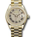 Rolex Yellow Gold Lady-Datejust 28 Watch – 44 Diamond Bezel – Diamond Paved Roman Dial – President Bracelet – 279138RBR