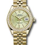 Rolex Yellow Gold Lady-Datejust 28 Watch – 44 Diamond Bezel – Linden Green Strip Diamond Index Dial – Jubilee Bracelet – 279138RBR lings36dix8dj