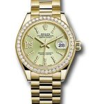Rolex Yellow Gold Lady-Datejust 28 Watch – 44 Diamond Bezel – Linden Green Strip Diamond Index Dial – President Bracelet – 279138RBR lings36dix8dp
