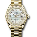 Rolex Yellow Gold Lady-Datejust 28 Watch – 44 Diamond Bezel – Mother-of-Pearl Diamond Dial – President Bracelet – 279138RBR