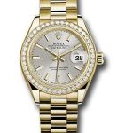 Rolex Yellow Gold Lady-Datejust 28 Watch – 44 Diamond Bezel – Silver Index Dial – President Bracelet – 279138RBR