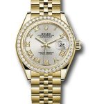 Rolex Yellow Gold Lady-Datejust 28 Watch – 44 Diamond Bezel – Silver Roman Dial – Jubilee Bracelet – 279138RBR