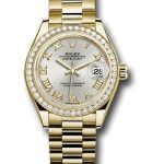 Rolex Yellow Gold Lady-Datejust 28 Watch – 44 Diamond Bezel – Silver Roman Dial – President Bracelet – 279138RBR