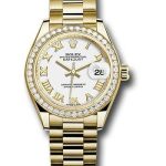 Rolex Yellow Gold Lady-Datejust 28 Watch – 44 Diamond Bezel – White Roman Dial – President Bracelet – 279138RBR