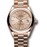 Rolex Everose Gold Lady-Datejust 28 Watch – Domed Bezel – Pink Sundust Index Dial – President Bracelet – 279165