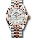 Rolex Steel and Everose Gold Rolesor Lady-Datejust 28 Watch – Fluted Bezel – White Mother-Of-Pearl Diamond Dial – Jubilee Bracelet – 279171