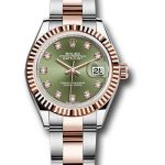 Rolex Steel and Everose Gold Rolesor Lady-Datejust 28 Watch – Fluted Bezel – Olive Green Diamond Dial – Oyster Bracelet – 279171