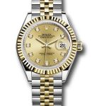 Rolex Steel and Yellow Gold Rolesor Lady-Datejust 28 Watch – Fluted Bezel – Champagne Diamond Dial – Jubilee Bracelet – 279173