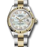 Rolex Steel and Yellow Gold Rolesor Lady-Datejust 28 Watch – Fluted Bezel – White Mother-Of-Pearl Diamond Dial – Oyster Bracelet – 279173